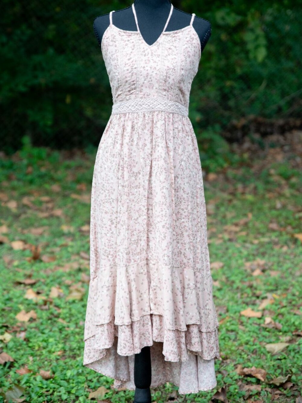 Japna Maxi Dress Womens M Pink Floral Lace Trim Smocked High Low Boho Cottage